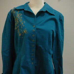 Christopher & Banks Stretch Teal Snap Closure Jacket Gold Floral Bead Design-Lg